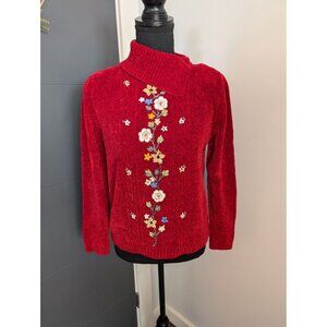 Alfred Dunner Petite Red Chenille Floral Embroidered Split‎ Turtleneck Sweater -